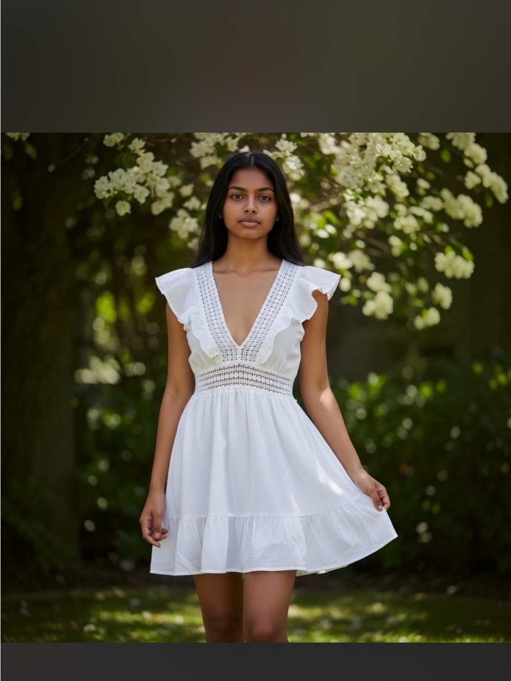 Seaspice White V-Neck Crochet-Trim Mini Dress